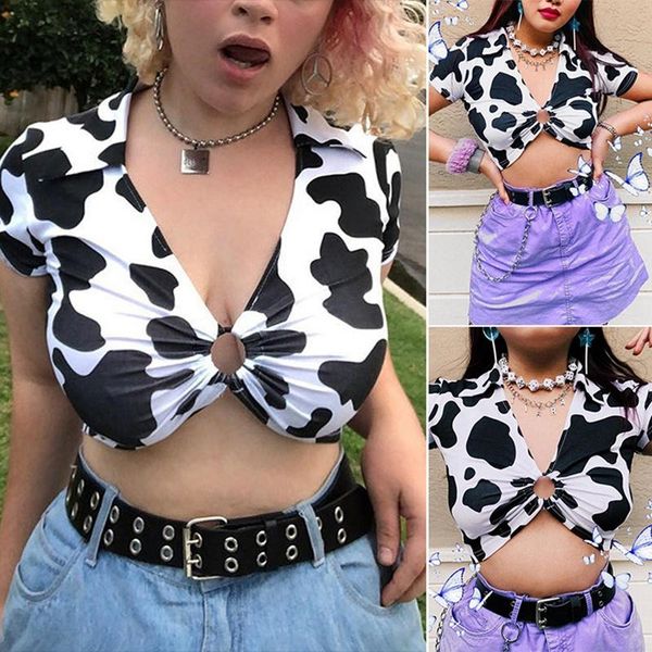 women's t-shirt summer v neck t shirt dairy cow print short sleeve ring cropped t-shirts for women crop tees clothes, White
women's t-shirt summer v neck t shirt dairy cow print short sleeve ring cropped t-shirts for women crop tees clothes, White