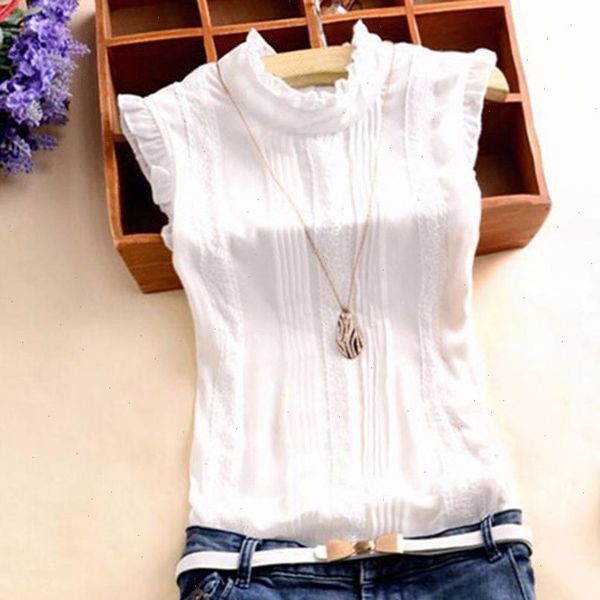 

summer style vogue women ruffle sleeve neck slim fitted shirts casual office lady white blouse tees