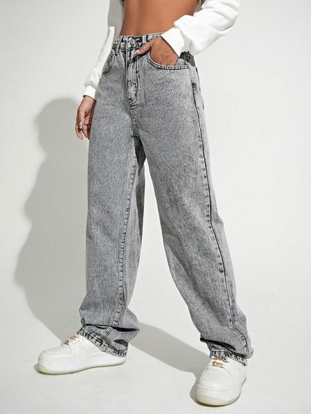 high waist straight leg slant pocket jeans 98xs#, Blue