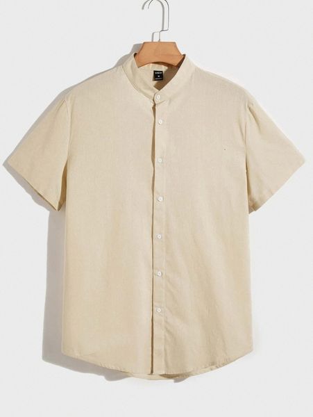 men solid mock neck single button placket shirt w73t#, White;black
men solid mock neck single button placket shirt w73t#, White;black