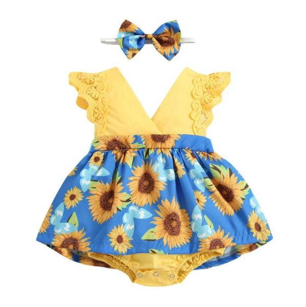 jumpsuits baby sunflower print clothes set girls sleeveless v-neck jumpsuit with lace bow-knot headband, Blue 
jumpsuits baby sunflower print clothes set girls sleeveless v-neck jumpsuit with lace bow-knot headband, Blue