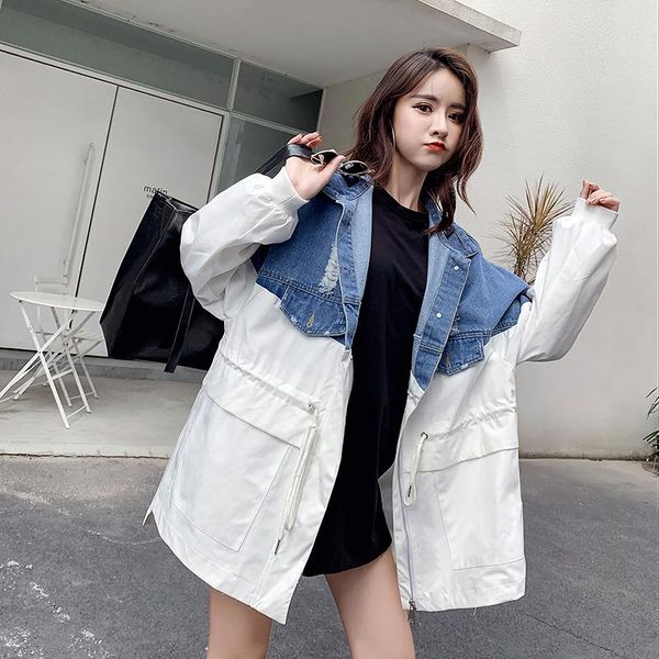 women's trench coats patchwork denim windbreaker lapel lantern sleeve hit color drawstring plus size coat female 2021 autumn fashion, Tan;black
women's trench coats patchwork denim windbreaker lapel lantern sleeve hit color drawstring plus size coat female 2021 autumn fashion, Tan;black