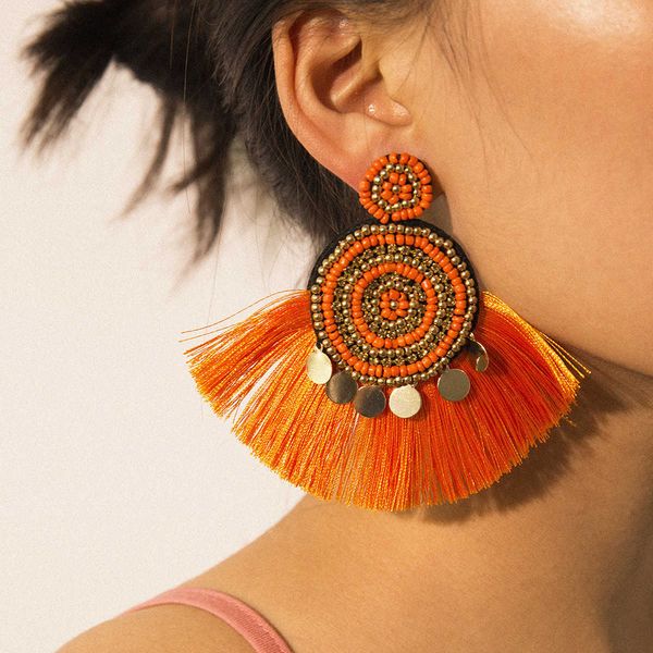 fan shaped simple geometric women's national style colorful hand-made tassel rice beads earrings, Silver
fan shaped simple geometric women's national style colorful hand-made tassel rice beads earrings, Silver