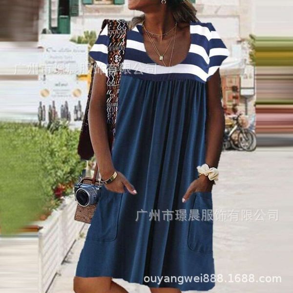 2020 summer women's casual short sleeve u-neck splicing stripe short sleeve dress, Black;gray
2020 summer women's casual short sleeve u-neck splicing stripe short sleeve dress, Black;gray