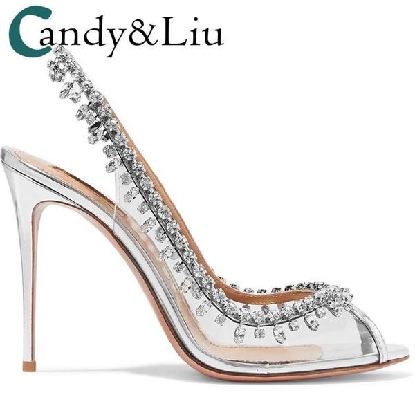 silver color elegant high heels rhinestone chain thin heeled fish mouth back high-heeled sandals transparent film sandals, Black
silver color elegant high heels rhinestone chain thin heeled fish mouth back high-heeled sandals transparent film sandals, Black