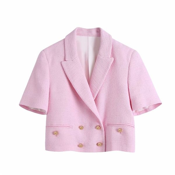 women pink textured weave cropped blazer za spring elegant short sleeve office lady coat blazers woman double button 211019, White;black
women pink textured weave cropped blazer za spring elegant short sleeve office lady coat blazers woman double button 211019, White;black