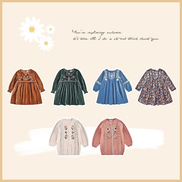 girl's dresses pre-sale girls dress 2021 autumn and winter ins ethnic embroidery jacquard long-sleeved princess, Red;yellow