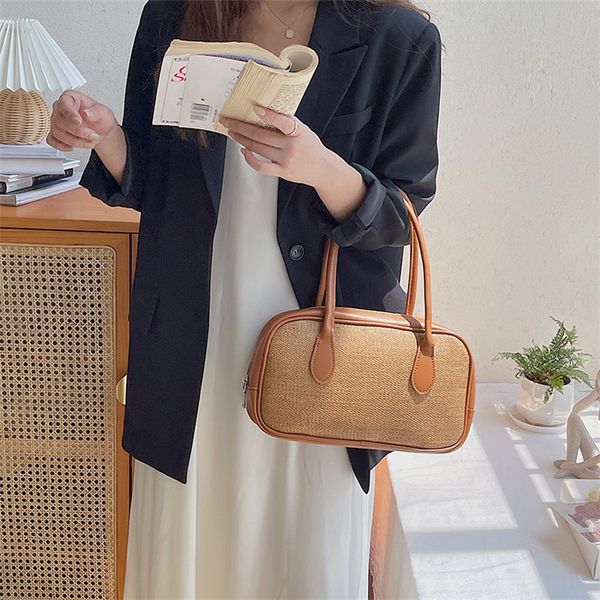 ins korean version new autumn temperament splicing women's bag popular leisure shoulder bag fashion straw handbag