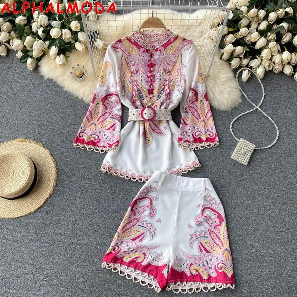 women's tracksuits alphalmoda folk style printed shirt + shorts 2pcs suit women three quarter sleeve sashes loose high waist clothes se, Gray
women's tracksuits alphalmoda folk style printed shirt + shorts 2pcs suit women three quarter sleeve sashes loose high waist clothes se, Gray