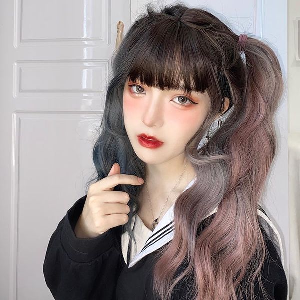 synthetic wigs houyan wig female air bangs blue and pink two-color fluffy long curly hair cos net red cute set of natural big wav, Black
synthetic wigs houyan wig female air bangs blue and pink two-color fluffy long curly hair cos net red cute set of natural big wav, Black
