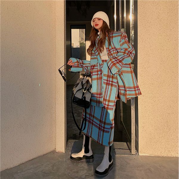 autumn winter female fashion casual blue plaid 2 piece set vintage long-sleeve minimalist woolen overcoat+mid skirt, Black;brown
autumn winter female fashion casual blue plaid 2 piece set vintage long-sleeve minimalist woolen overcoat+mid skirt, Black;brown