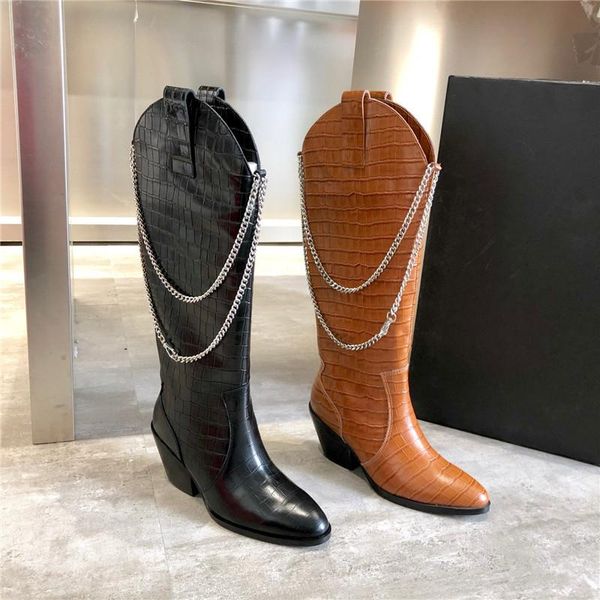boots women's knee high shoes crocodile leather pointed toe med heel cowboy western chain designer women 2021, Black
boots women's knee high shoes crocodile leather pointed toe med heel cowboy western chain designer women 2021, Black