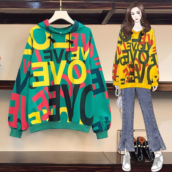 hooded women's large sweater 2021 autumn loose letter printed casual coat, Black