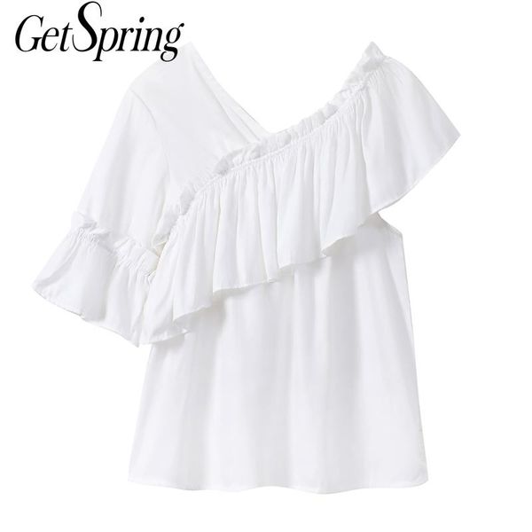 getspring women blouse v neck short sleeve shirt irregular ruffle loose ladies chic summer white blue 210601
getspring women blouse v neck short sleeve shirt irregular ruffle loose ladies chic summer white blue 210601