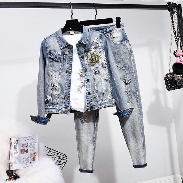 women's two piece pants fashion short denim jacket women 2021 autumn embroidery flowers + jeans stretch set ladies clothes tide h978, White
women's two piece pants fashion short denim jacket women 2021 autumn embroidery flowers + jeans stretch set ladies clothes tide h978, White