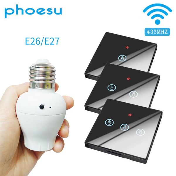 smart home control phoesu switch light e26 e27 lamp holder bulb touch wireless 1/2/3 gang 433mhz rf remote wall panel 110v 220v 
smart home control phoesu switch light e26 e27 lamp holder bulb touch wireless 1/2/3 gang 433mhz rf remote wall panel 110v 220v