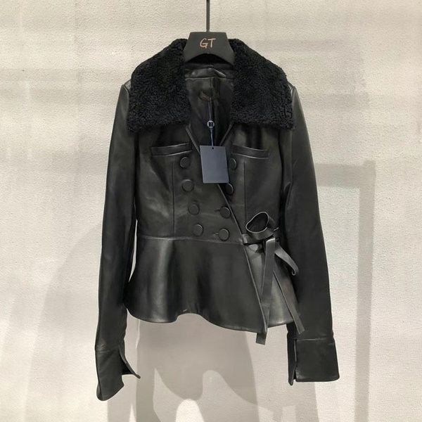 women's leather & faux natural sheepskin real coat spring and autumn jacket with sheep fur collar flounce hem collect waist style + gh3, Black
women's leather & faux natural sheepskin real coat spring and autumn jacket with sheep fur collar flounce hem collect waist style + gh3, Black
