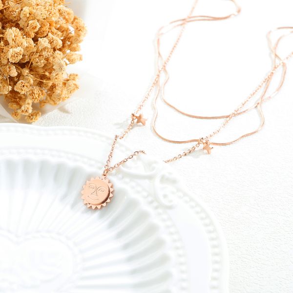 korean rose gold plated titanium steel necklace women's clavicle chain simple double layer sun smile face pendant, Silver
