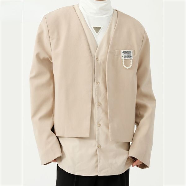 men's 2021 autumn new korean style fake two pieces design v-neck cool handsome casual suit niche coats ins trend d0174, White;black
men's 2021 autumn new korean style fake two pieces design v-neck cool handsome casual suit niche coats ins trend d0174, White;black