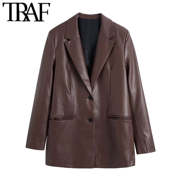 traf women fashion faux leather blazer coat vintage long sleeve welt pockets female outerwear chic veste femme 211122, White;black
traf women fashion faux leather blazer coat vintage long sleeve welt pockets female outerwear chic veste femme 211122, White;black