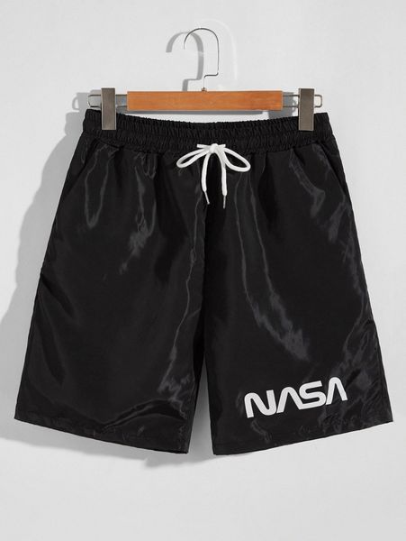 men letter graphic drawstring shorts r014#, Black