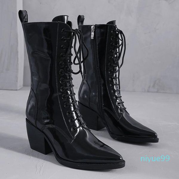boots leather thick-heeled mid-tube trendy women's patent pointed-toe lace-up high-heel motorcycle, Black
boots leather thick-heeled mid-tube trendy women's patent pointed-toe lace-up high-heel motorcycle, Black