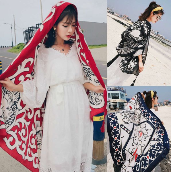 designer summer sun protection female beach silk scarf dual use ethnic style tourism long cotton and hemp shawl, Blue;black
designer summer sun protection female beach silk scarf dual use ethnic style tourism long cotton and hemp shawl, Blue;black