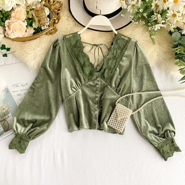 women's blouses & shirts 2021 fashion french retro lace v-neck stitching velvet short long-sleeved blouse, White
women's blouses & shirts 2021 fashion french retro lace v-neck stitching velvet short long-sleeved blouse, White