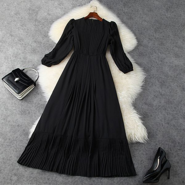 european and american women's clothing new 2021 spring long-sleeved round collar fashion black pleated dress, Black;gray
european and american women's clothing new 2021 spring long-sleeved round collar fashion black pleated dress, Black;gray