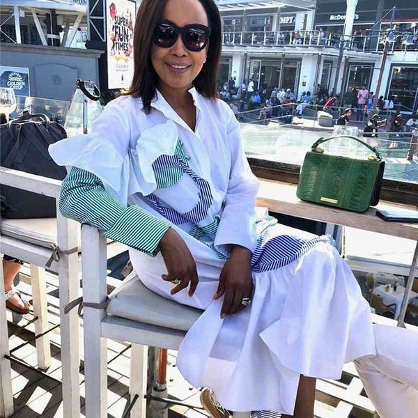 long sleeve casual shirt dress women striped ruffle button white shirt dress autumn korean knee length party loose shirt dress x0521, Black;gray
long sleeve casual shirt dress women striped ruffle button white shirt dress autumn korean knee length party loose shirt dress x0521, Black;gray