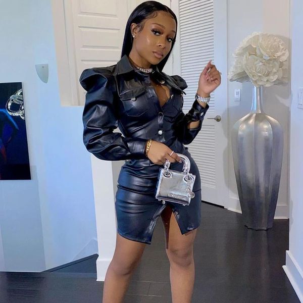 casual dresses black pu leather dress women puff sleeve single-breasted button mini night party club shirt for clothes, Black;gray
casual dresses black pu leather dress women puff sleeve single-breasted button mini night party club shirt for clothes, Black;gray