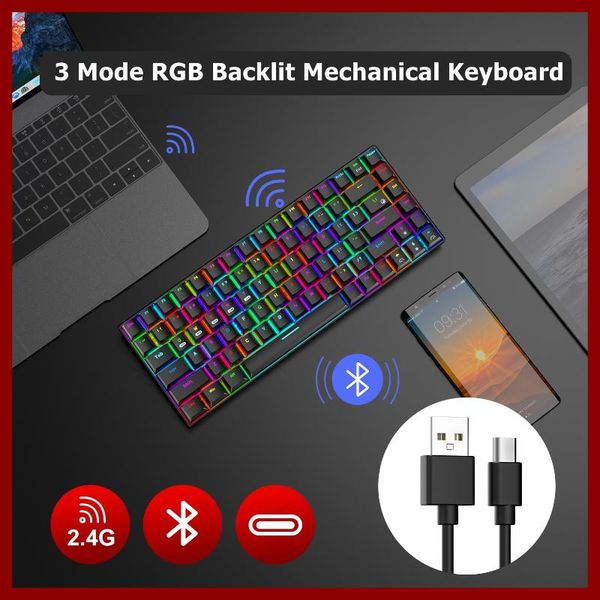 keyboards technology rf-84rgb 84 key bluetooth wireless/2.4g/wired 3 mode mechanical keyboard for pc notebook tablet rgb backlight