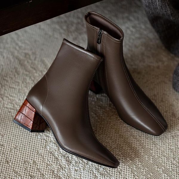 women's genuine leather thick med heel sqaure toe autumn ankle boots side zip ladies soft comfortable short booties spring shoes, Black
women's genuine leather thick med heel sqaure toe autumn ankle boots side zip ladies soft comfortable short booties spring shoes, Black