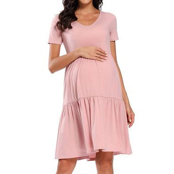maternity dresses 2021 summer casual dress high waist pleated women short sleeve v-neck elegant tunic pregnancy clothes, White