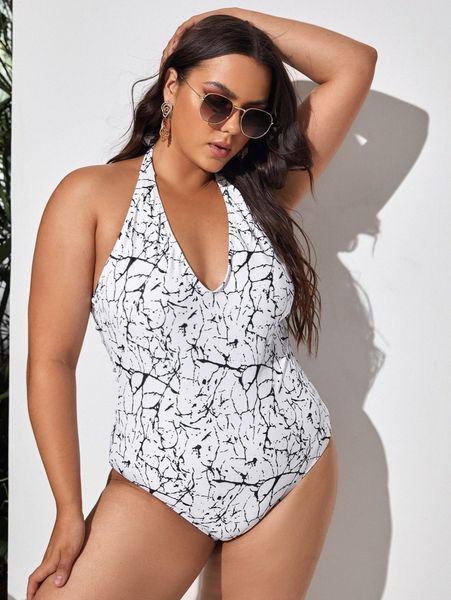 plus marble print halter one piece swimsuit 44p3#, Black 
plus marble print halter one piece swimsuit 44p3#, Black