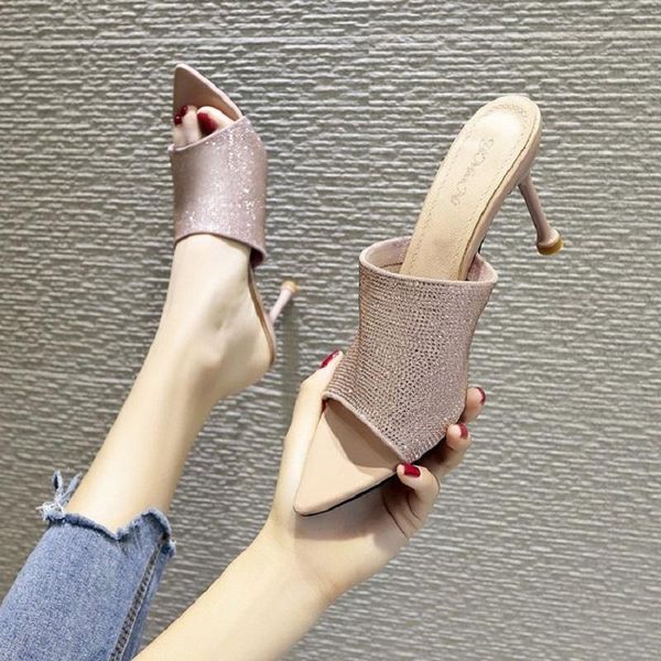 slippers sweet fashion pointed sequined cloth stiletto ladies summer wear open-toed solid color high-heeled slippers., Black
slippers sweet fashion pointed sequined cloth stiletto ladies summer wear open-toed solid color high-heeled slippers., Black