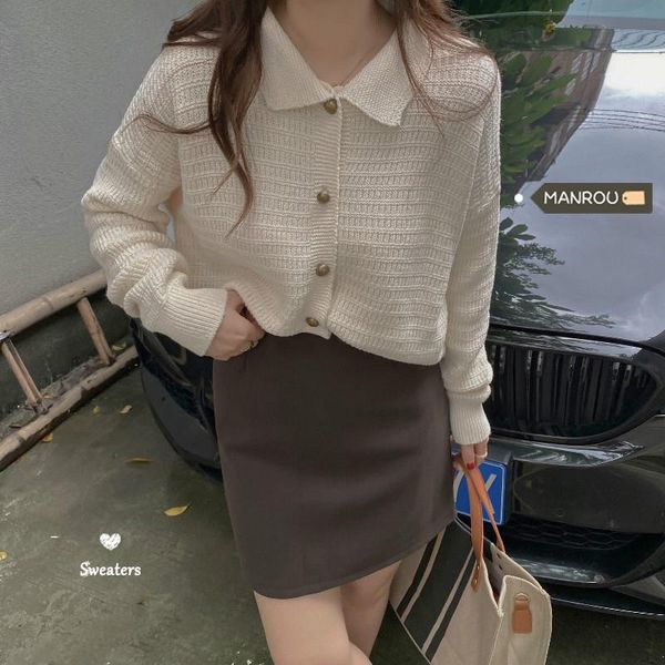 women's knits & tees simple sweet turn down collar knitted cardigan women 2021 autumn elegant office ladies loose sweater single breast, White 
women's knits & tees simple sweet turn down collar knitted cardigan women 2021 autumn elegant office ladies loose sweater single breast, White