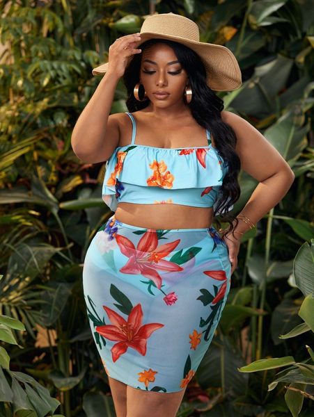 3pack plus floral print ruffle trim bikini swimsuit & beach skirt x14q#, Black 
3pack plus floral print ruffle trim bikini swimsuit & beach skirt x14q#, Black