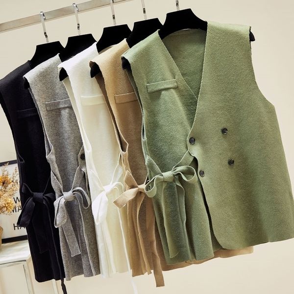 double breasted bow bandage knitted women's vest korean loose female sweater coat cardigan v-neck waistcoat sleeveless jacket 210204, Black;white
double breasted bow bandage knitted women's vest korean loose female sweater coat cardigan v-neck waistcoat sleeveless jacket 210204, Black;white