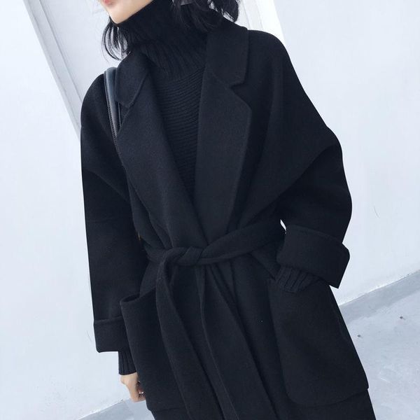 women's wool & blends hangzhou off season thin double faced cashmere winter woollen coat middle long knee tie, Black
women's wool & blends hangzhou off season thin double faced cashmere winter woollen coat middle long knee tie, Black