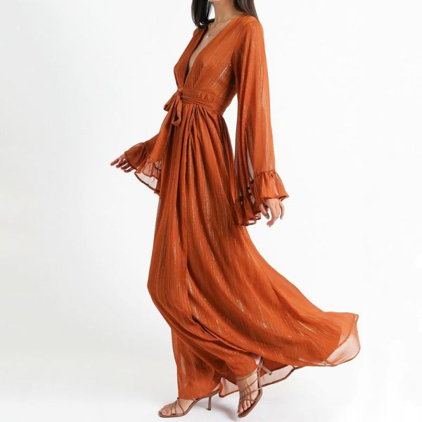 casual dresses shine orange chiffon full sleeved ruffles long dress deep v neck waistband split strappy lining loose elegant party beach 202, Black;gray
casual dresses shine orange chiffon full sleeved ruffles long dress deep v neck waistband split strappy lining loose elegant party beach 202, Black;gray