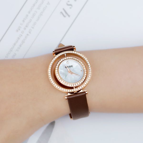 guou new simple spin light luxury quartz watch leather strap fashion belt diamond inlaid women's watch, Slivery;brown
guou new simple spin light luxury quartz watch leather strap fashion belt diamond inlaid women's watch, Slivery;brown