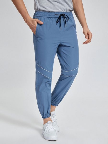 men contrast piping drawstring pants 66iy#, Black