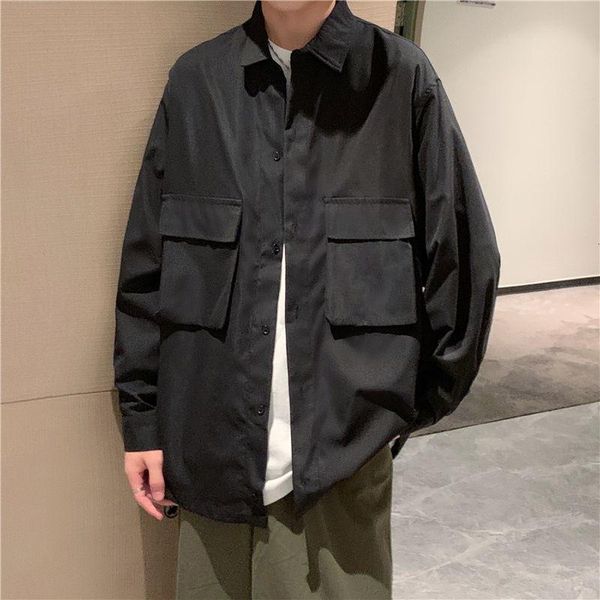 men's casual shirts autumn black white shirt men fashion retro pocket tooling streetwear korean loose long-sleeved mens dress, White;black
men's casual shirts autumn black white shirt men fashion retro pocket tooling streetwear korean loose long-sleeved mens dress, White;black