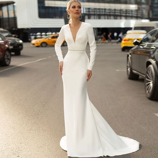 new elegant classic mermaid weddding 2021 v neck backless long sleeve draped beads sash simple bridal gowns vestidos de noiva wnix, White
new elegant classic mermaid weddding 2021 v neck backless long sleeve draped beads sash simple bridal gowns vestidos de noiva wnix, White