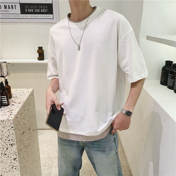 wo short fake summer solid color men's loose half sleeve round neck korean fashion student t-shirt, White;black
wo short fake summer solid color men's loose half sleeve round neck korean fashion student t-shirt, White;black
