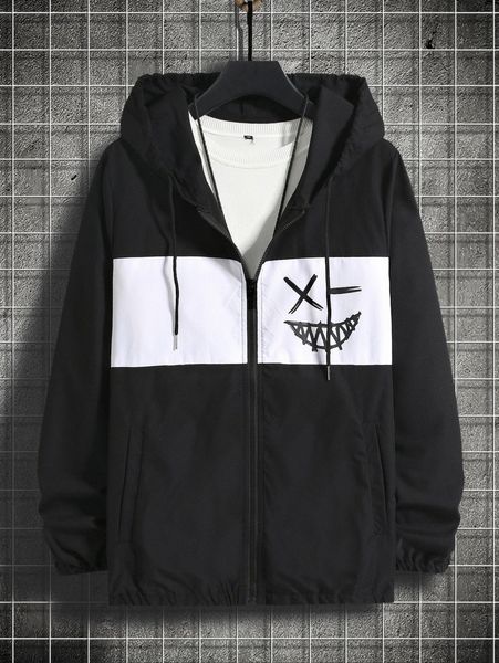 men expression print colorblock drawstring hooded jacket without pullover 396i#, Black;brown
men expression print colorblock drawstring hooded jacket without pullover 396i#, Black;brown