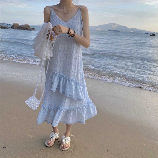 summer women sling v-neck blue dress solid color cotton ruffled beach mid-length dresses casual loose sundress female 210527, Black;gray
summer women sling v-neck blue dress solid color cotton ruffled beach mid-length dresses casual loose sundress female 210527, Black;gray