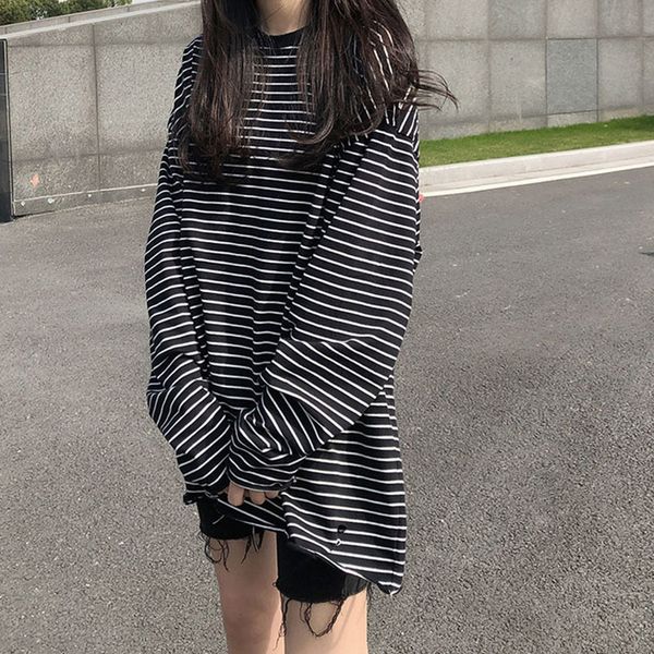 harajuke streetwear basic t striped women oversize chic tshirt fashions korean loose the-neck long female t-shirts bfme, White