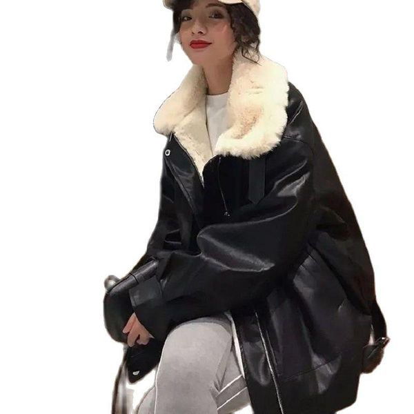 women's leather & faux jacket women 2021 fashion lapel lamb fur winter korean loose plus velvet motorcycle clothing, Black
women's leather & faux jacket women 2021 fashion lapel lamb fur winter korean loose plus velvet motorcycle clothing, Black